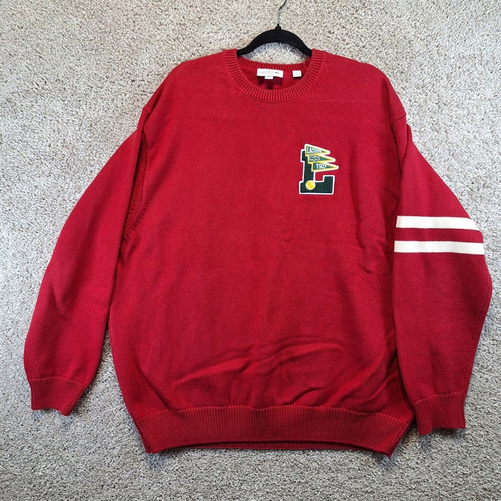 Lacoste Sweater Mens 3XL Red Relaxed Fit Crewneck Varsity‎ Patch Wool Blend